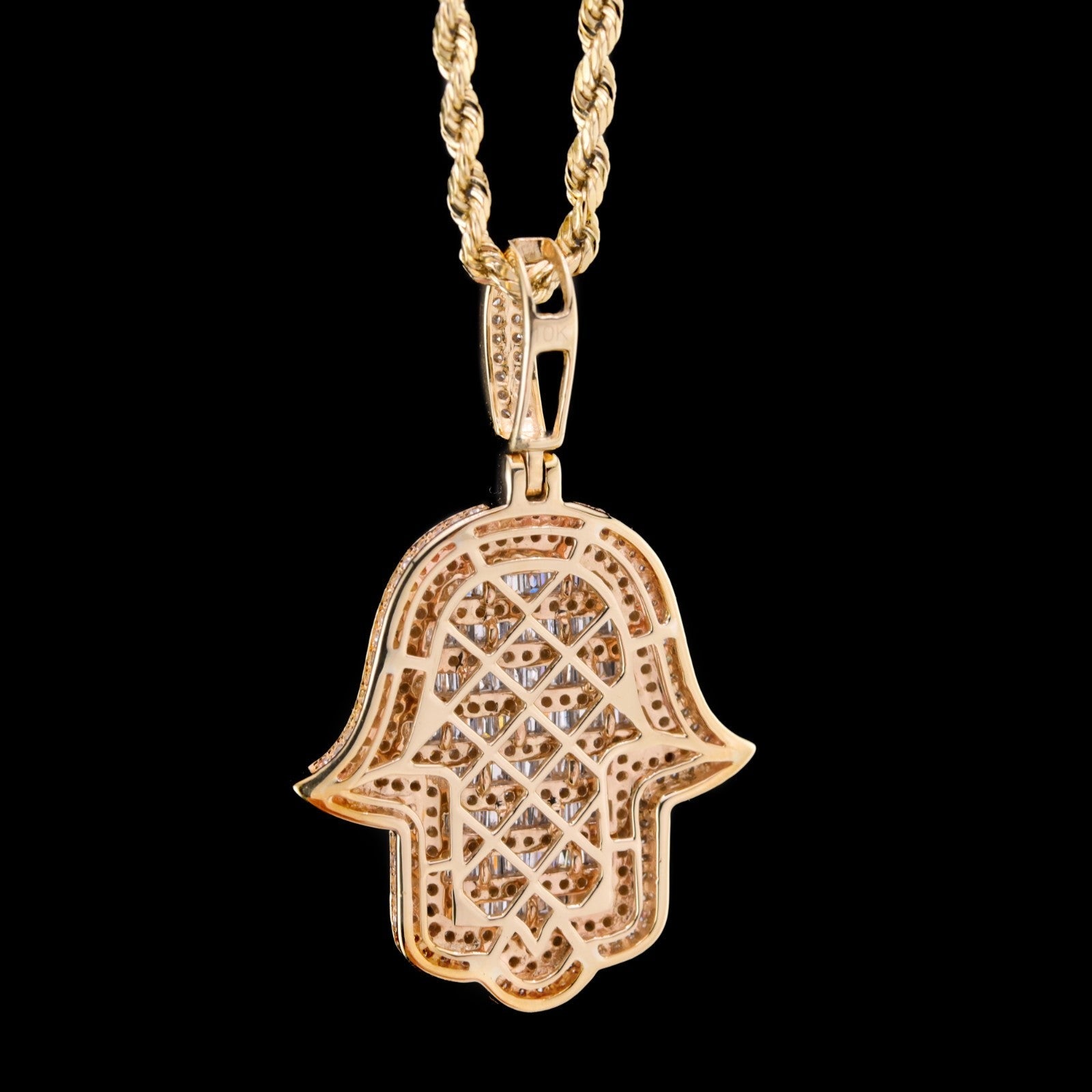 10k Yellow Gold 1.65CTW Round/Baguette Diamond Hamsa Hand Pendant Charm 6.4gms - Elite Jewelers - Charms & Pendants