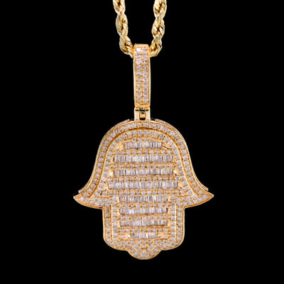 10k Yellow Gold 1.65CTW Round/Baguette Diamond Hamsa Hand Pendant Charm 6.4gms - Elite Jewelers - Charms & Pendants