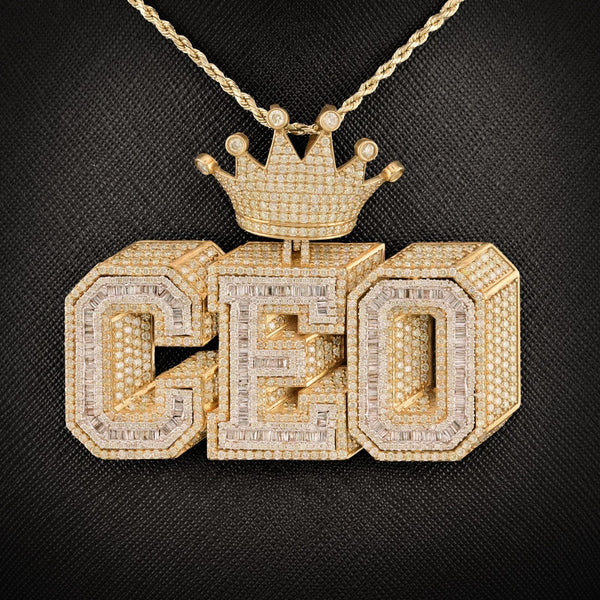 10k Yellow Gold 16CTW Round/Baguette Diamond CEO w/ Crown Bail Pendant 46.8gms - Elite Jewelers - Charms & Pendants