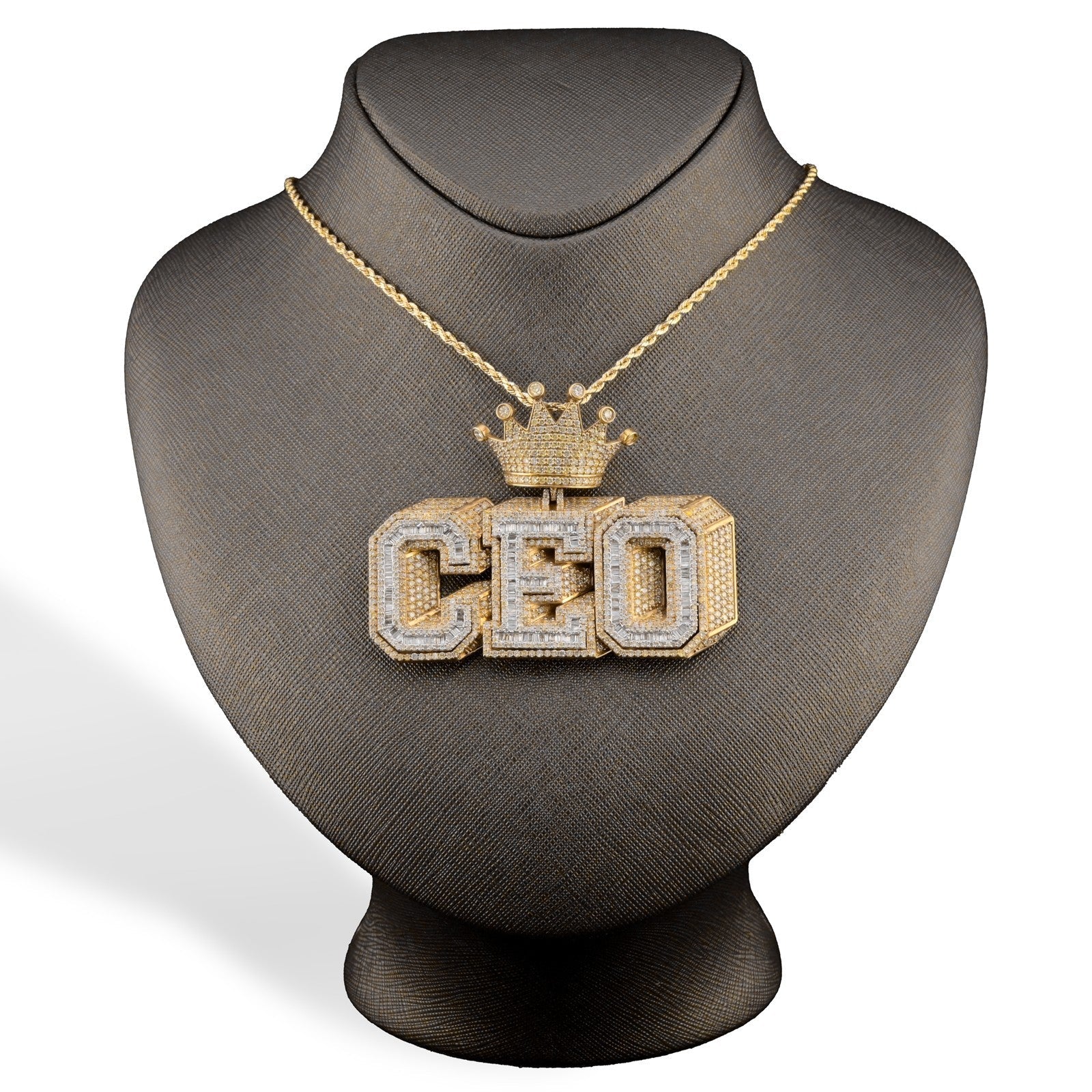 10k Yellow Gold 16CTW Round/Baguette Diamond CEO w/ Crown Bail Pendant 46.8gms - Elite Jewelers - Charms & Pendants