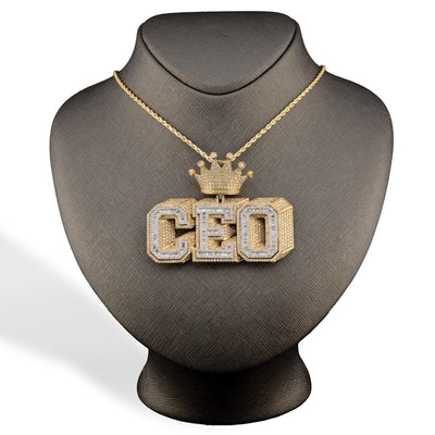 10k Yellow Gold 16CTW Round/Baguette Diamond CEO w/ Crown Bail Pendant 46.8gms - Elite Jewelers - Charms & Pendants