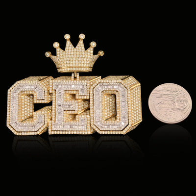 10k Yellow Gold 16CTW Round/Baguette Diamond CEO w/ Crown Bail Pendant 46.8gms - Elite Jewelers - Charms & Pendants