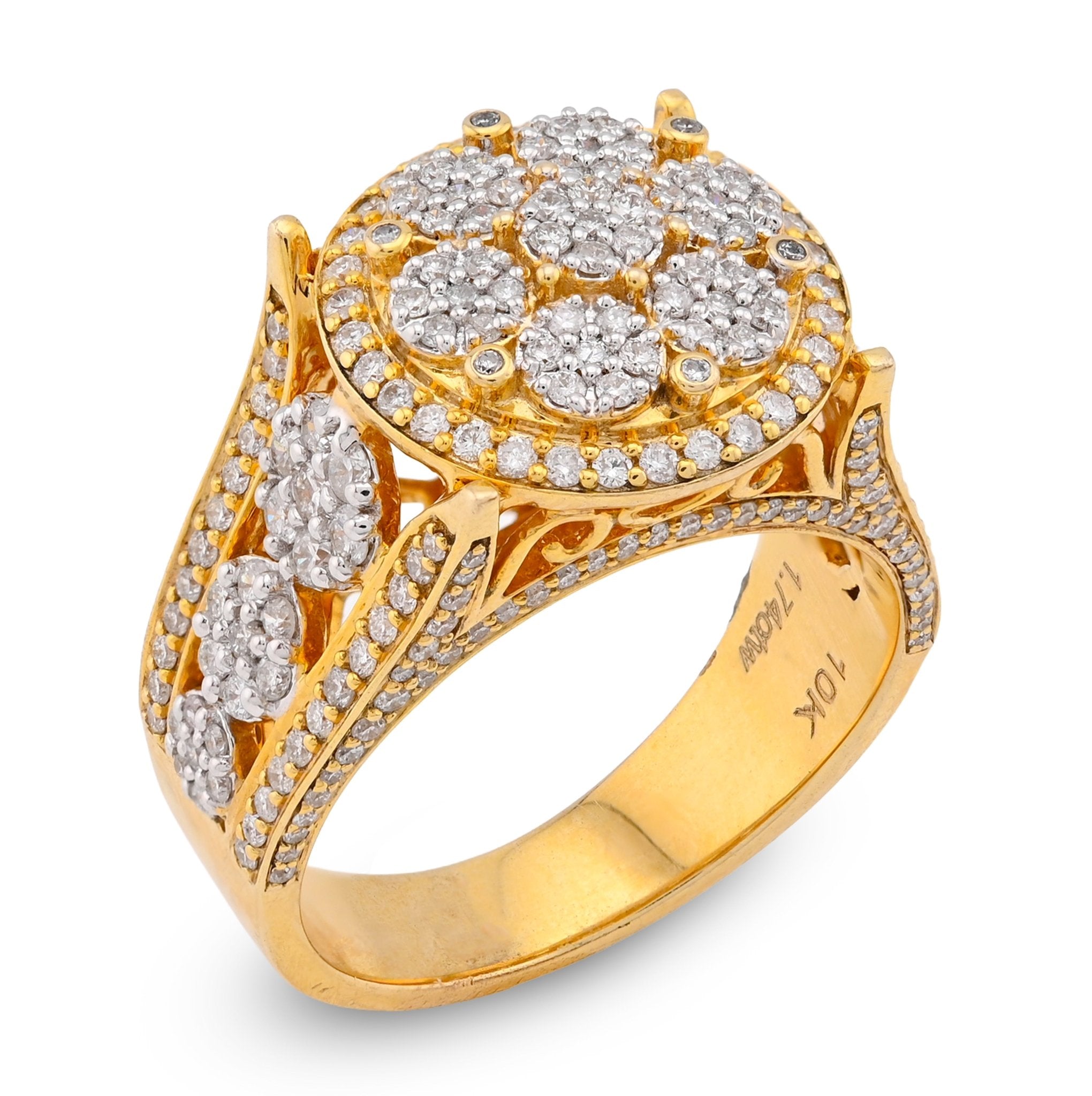 10K Yellow Gold 1.75CT Natural Diamond Round Halo Flower Cluster Side Iced Men Pinky Ring - Elite Jewelers - Rings
