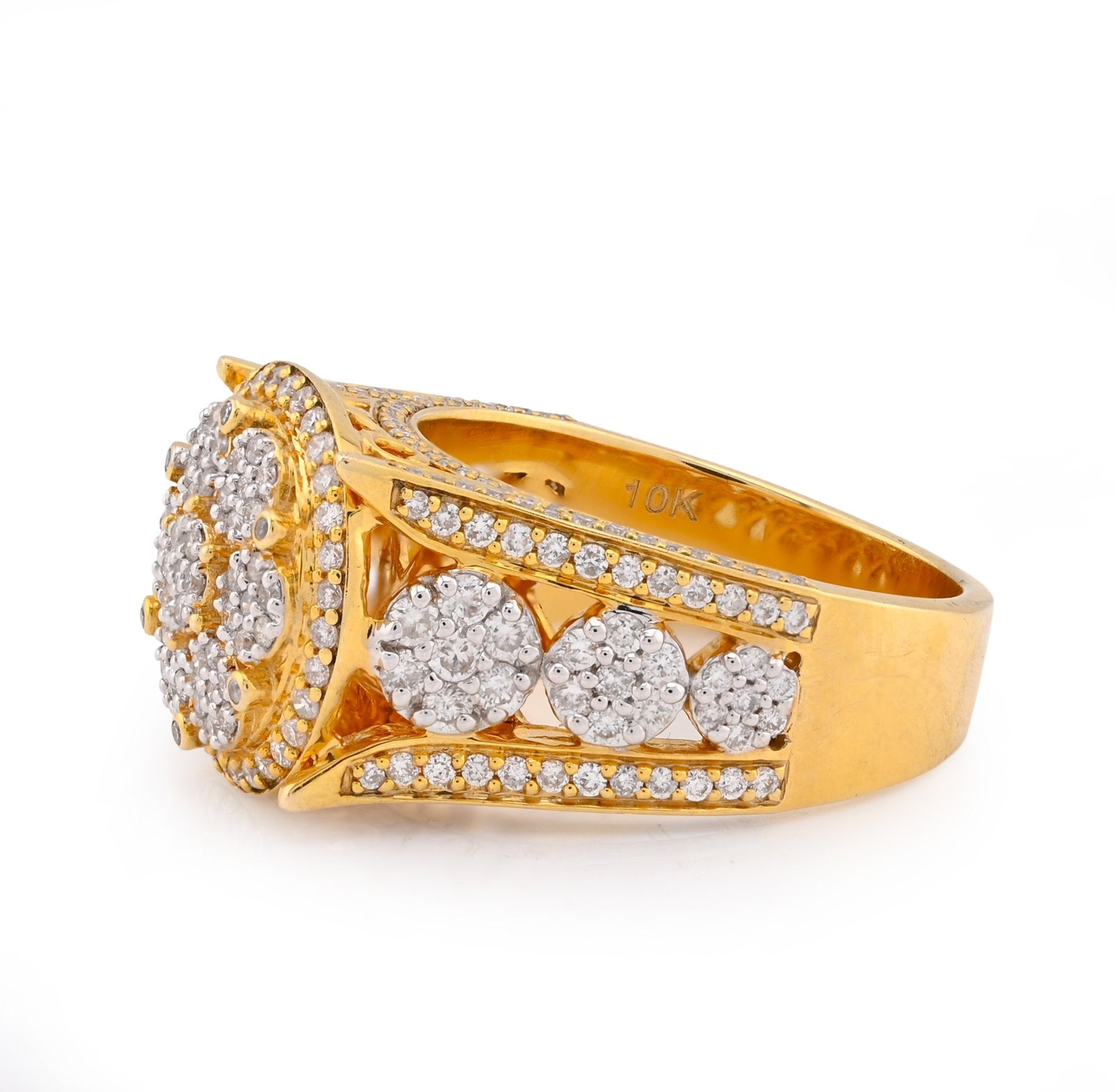 10K Yellow Gold 1.75CT Natural Diamond Round Halo Flower Cluster Side Iced Men Pinky Ring - Elite Jewelers - Rings