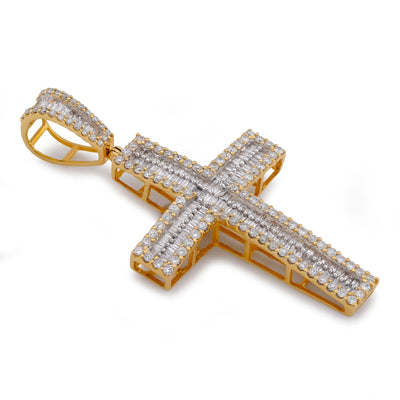 10K Yellow Gold 1.85CT Baguette Natural Diamond Cross Pendant Men Women Charm - Elite Jewelers-Charms & Pendants