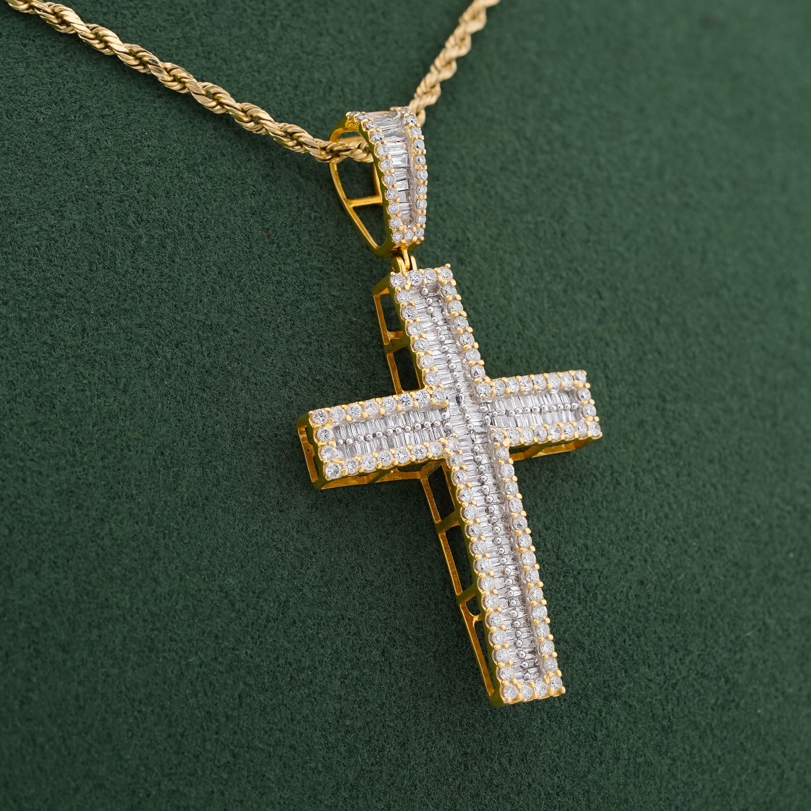 10K Yellow Gold 1.85CT Baguette Natural Diamond Cross Pendant Men Women Charm - Elite Jewelers-Charms & Pendants