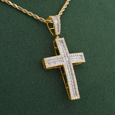 10K Yellow Gold 1.85CT Baguette Natural Diamond Cross Pendant Men Women Charm - Elite Jewelers-Charms & Pendants