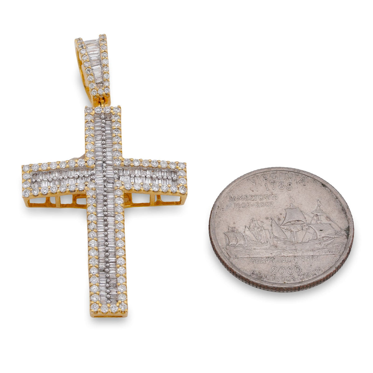 10K Yellow Gold 1.85CT Baguette Natural Diamond Cross Pendant Men Women Charm - Elite Jewelers-Charms & Pendants