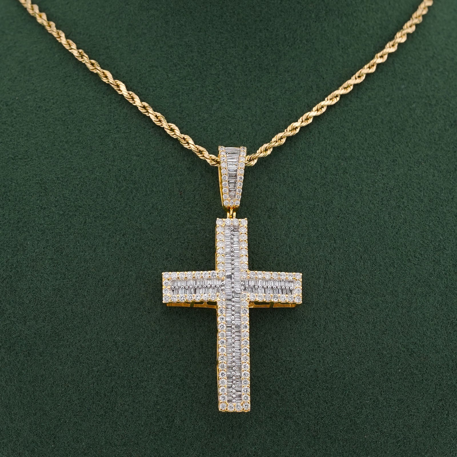 10K Yellow Gold 1.85CT Baguette Natural Diamond Cross Pendant Men Women Charm - Elite Jewelers-Charms & Pendants