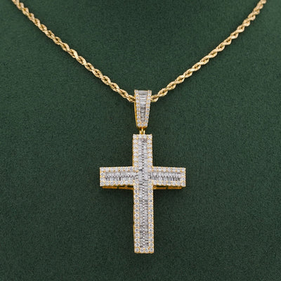 10K Yellow Gold 1.85CT Baguette Natural Diamond Cross Pendant Men Women Charm - Elite Jewelers-Charms & Pendants