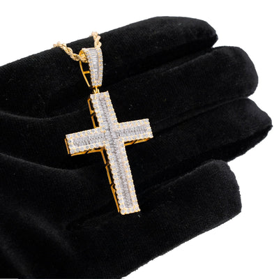 10K Yellow Gold 1.85CT Baguette Natural Diamond Cross Pendant Men Women Charm - Elite Jewelers-Charms & Pendants