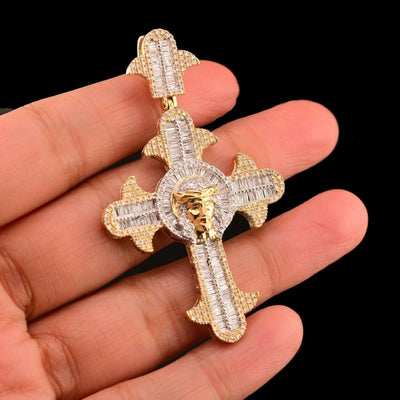 10k Yellow Gold 1.85CT Round/Baguette Diamond Cross w/ Jesus Pendant 10.8g Charm - Elite Jewelers - Charms & Pendants