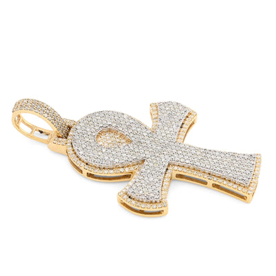 10K Yellow Gold 1.86 CT Natural Diamond 1.95" Egyptian Ankh Pendant Men Women Charm 7.9 g - Elite Jewelers - Charms & Pendants