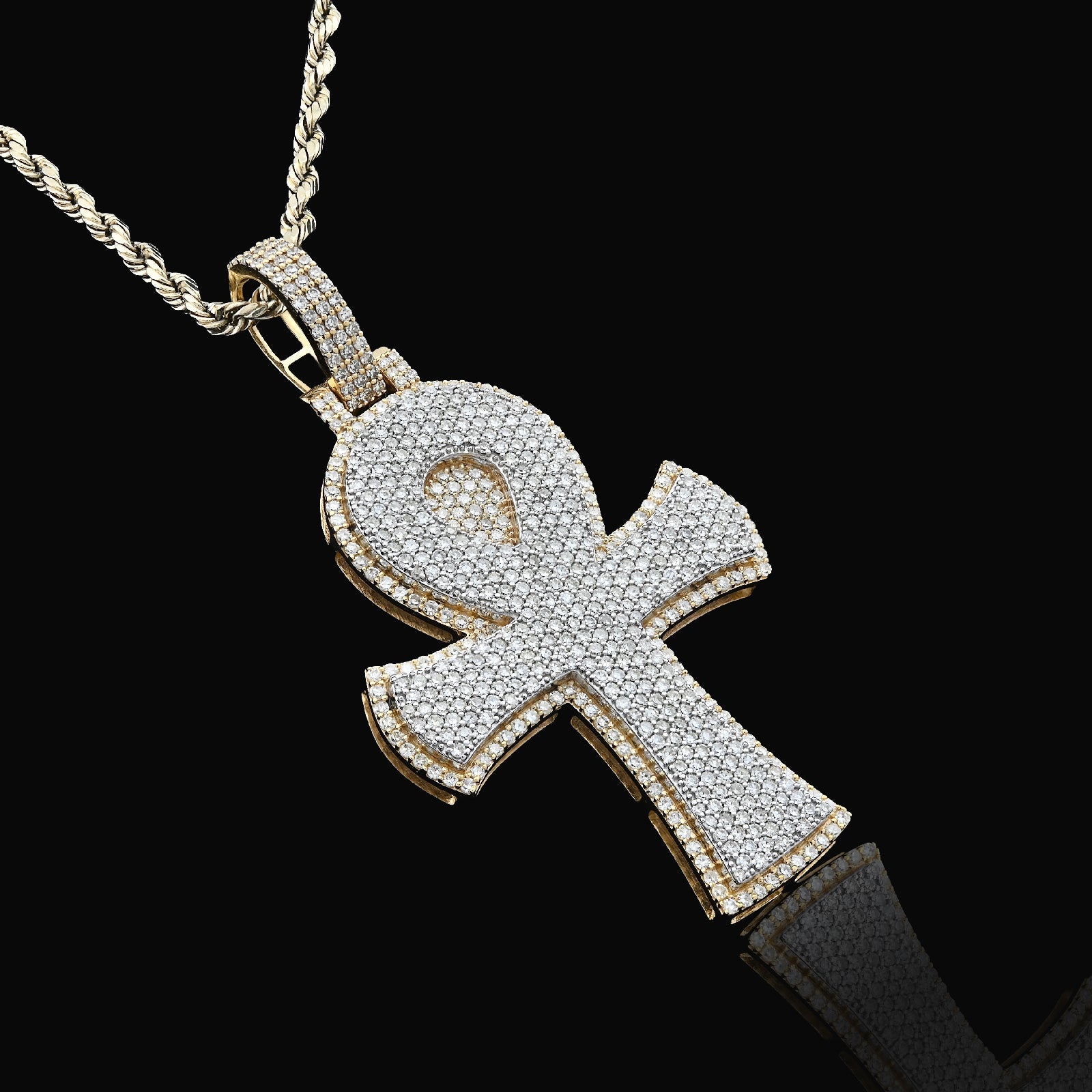 10K Yellow Gold 1.86 CT Natural Diamond 1.95" Egyptian Ankh Pendant Men Women Charm 7.9 g - Elite Jewelers - Charms & Pendants