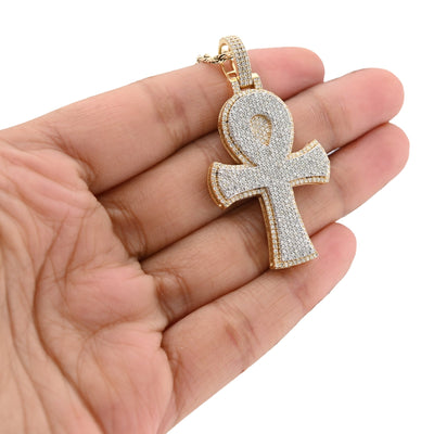 10K Yellow Gold 1.86 CT Natural Diamond 1.95" Egyptian Ankh Pendant Men Women Charm 7.9 g - Elite Jewelers - Charms & Pendants