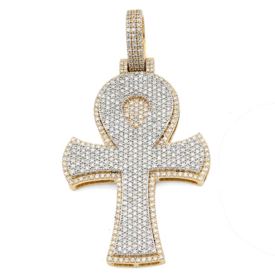 10K Yellow Gold 1.86 CT Natural Diamond 1.95" Egyptian Ankh Pendant Men Women Charm 7.9 g - Elite Jewelers - Charms & Pendants