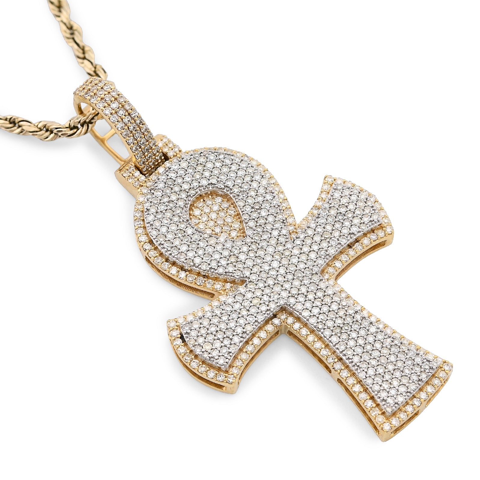 10K Yellow Gold 1.86 CT Natural Diamond 1.95" Egyptian Ankh Pendant Men Women Charm 7.9 g - Elite Jewelers - Charms & Pendants