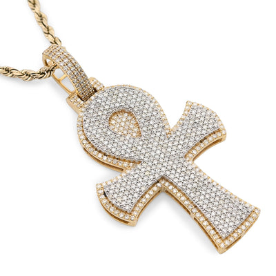 10K Yellow Gold 1.86 CT Natural Diamond 1.95" Egyptian Ankh Pendant Men Women Charm 7.9 g - Elite Jewelers - Charms & Pendants