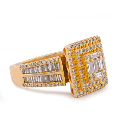 10K Yellow Gold 1.86CT Natural Diamond Square Halo Baguette Cenntre Women Ring - Elite Jewelers-Rings