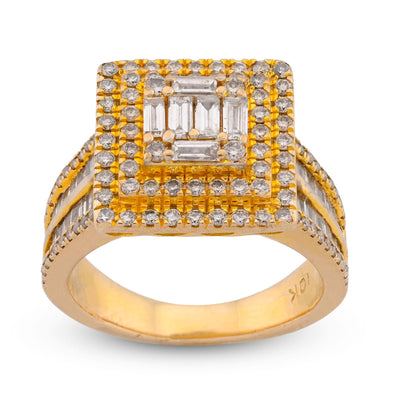 10K Yellow Gold 1.86CT Natural Diamond Square Halo Baguette Cenntre Women Ring - Elite Jewelers-Rings