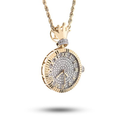 10K Yellow Gold 1CT Natural Diamond 1CT Clock Roman Dial Crown Pendant Men Women Charm - Elite Jewelers - Charms & Pendants