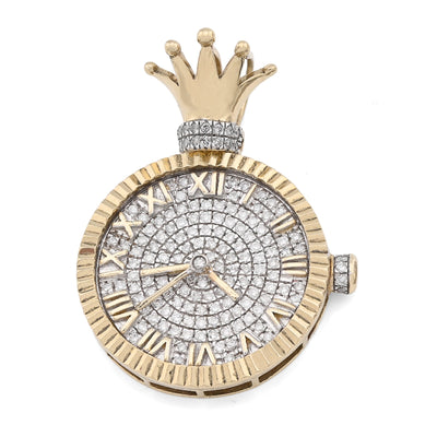 10K Yellow Gold 1CT Natural Diamond 1CT Clock Roman Dial Crown Pendant Men Women Charm - Elite Jewelers - Charms & Pendants