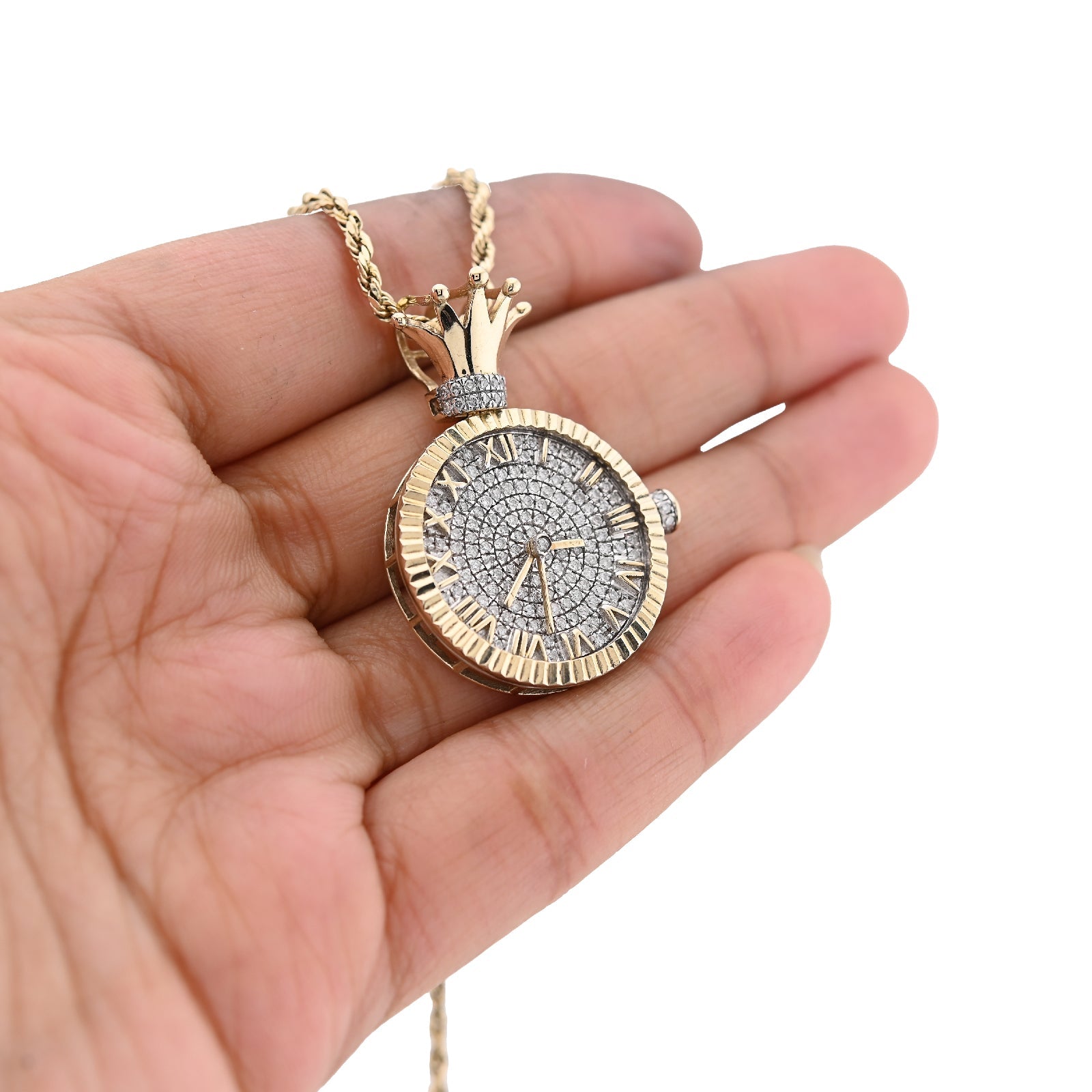 10K Yellow Gold 1CT Natural Diamond 1CT Clock Roman Dial Crown Pendant Men Women Charm - Elite Jewelers - Charms & Pendants