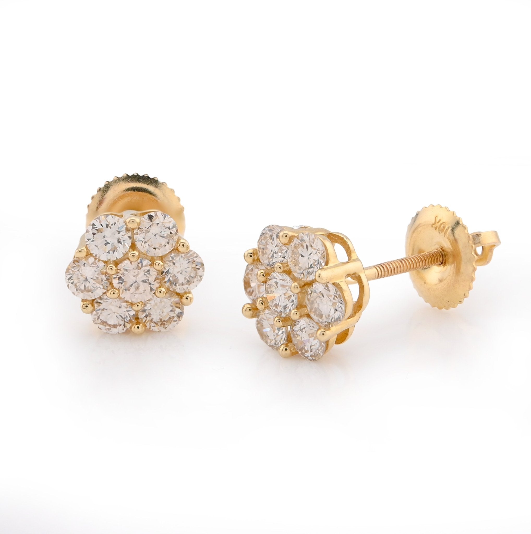 10K Yellow Gold 1CT Natural Diamond 7 Stone Flower Studs Men Women Earrings - Elite Jewelers - Earrings