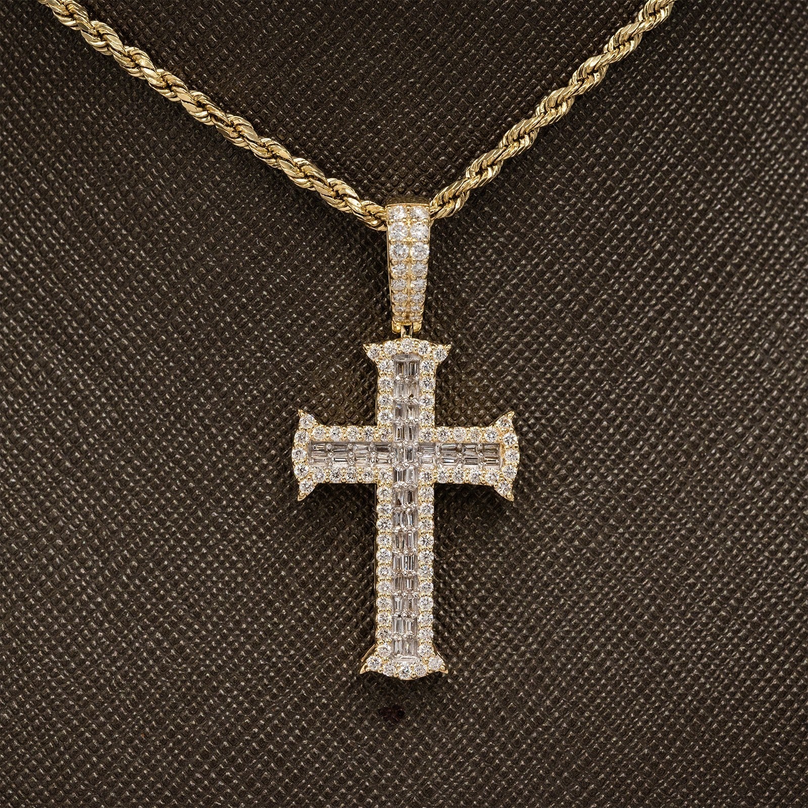 10k Yellow Gold 1CTW Lab Round/Baguette Diamond 2 Layer Cross Pendant 4g Charm - Elite Jewelers - Charms & Pendants
