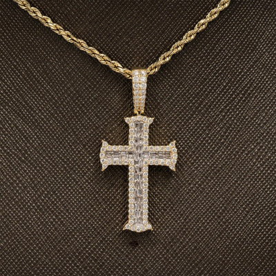 10k Yellow Gold 1CTW Lab Round/Baguette Diamond 2 Layer Cross Pendant 4g Charm - Elite Jewelers - Charms & Pendants