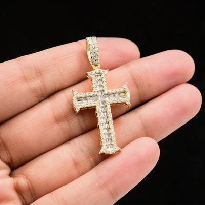 10k Yellow Gold 1CTW Lab Round/Baguette Diamond 2 Layer Cross Pendant 4g Charm - Elite Jewelers - Charms & Pendants