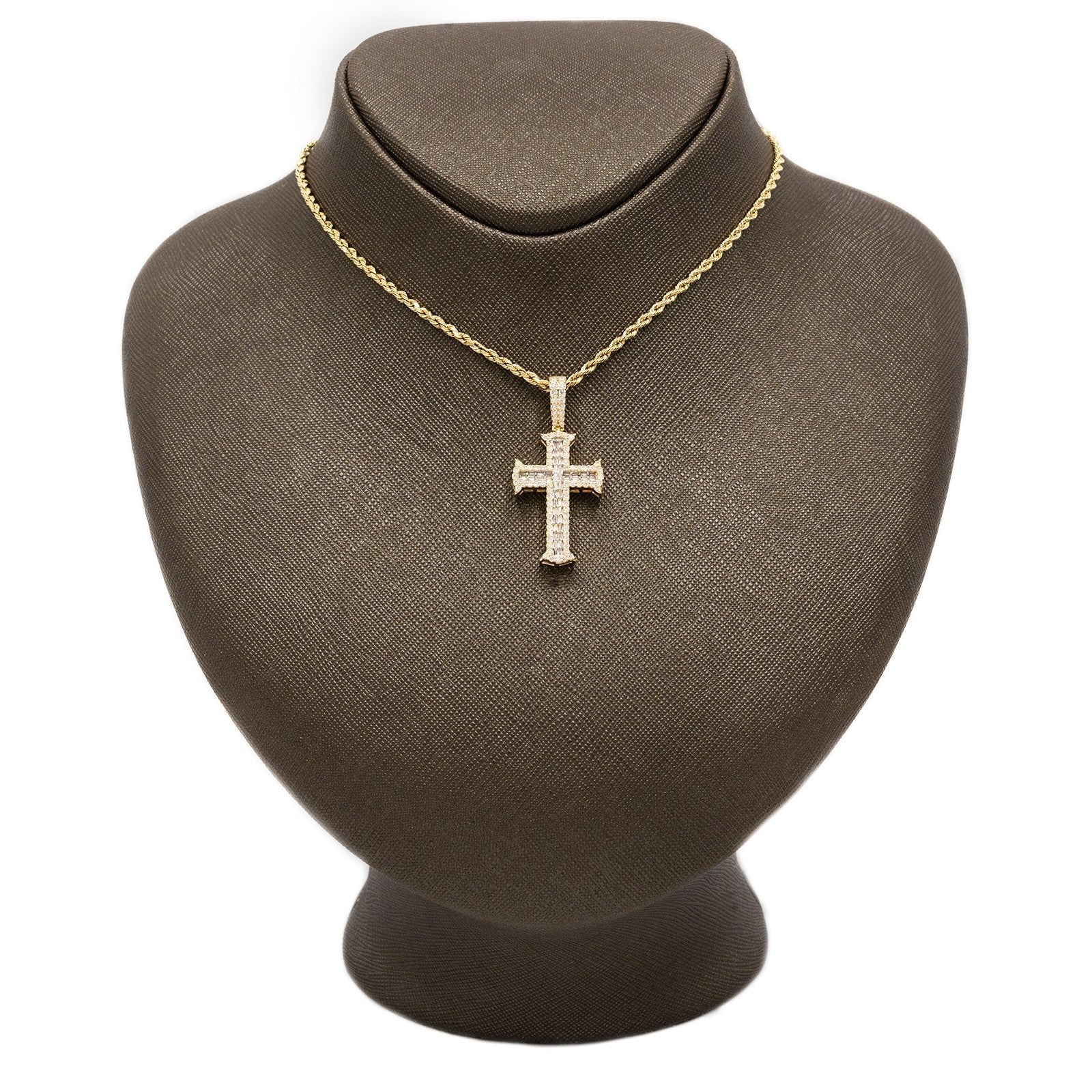 10k Yellow Gold 1CTW Lab Round/Baguette Diamond 2 Layer Cross Pendant 4g Charm - Elite Jewelers - Charms & Pendants