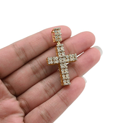 10k Yellow Gold 1CTW Pure Diamond Double Cluster Cross Pendant 6g Cageback Charm - Elite Jewelers - Charms & Pendants