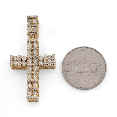 10k Yellow Gold 1CTW Pure Diamond Double Cluster Cross Pendant 6g Cageback Charm - Elite Jewelers - Charms & Pendants