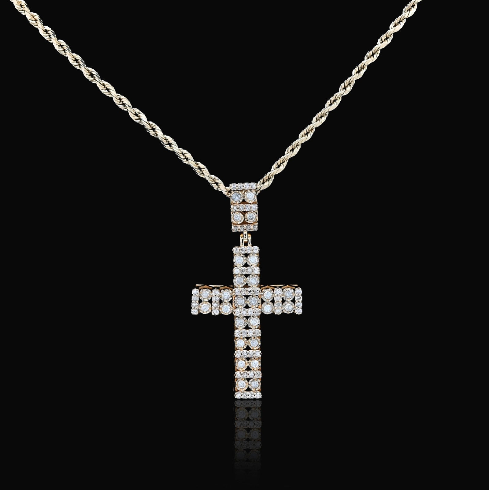 10k Yellow Gold 1CTW Pure Diamond Double Cluster Cross Pendant 6g Cageback Charm - Elite Jewelers - Charms & Pendants