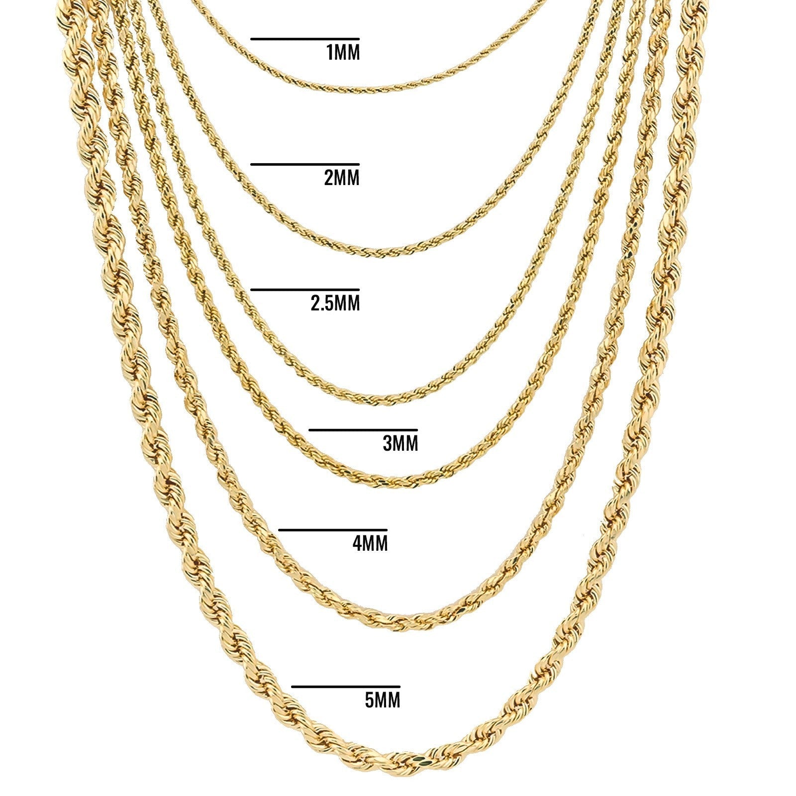 10k Yellow Gold 1MM - 5MM Diamond Cut Rope Chain For Mens Womens 14 - 30 Inches - Elite Jewelers - Necklaces & Chains
