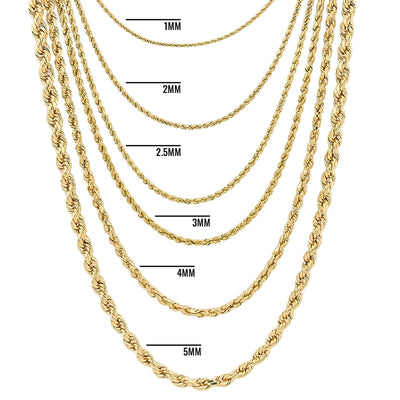 10k Yellow Gold 1MM - 5MM Diamond Cut Rope Chain For Mens Womens 14 - 30 Inches - Elite Jewelers - Necklaces & Chains