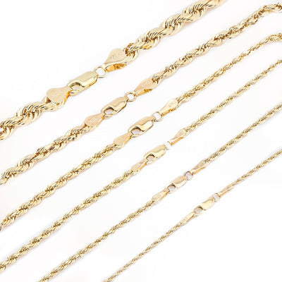 10k Yellow Gold 1MM - 5MM Diamond Cut Rope Chain For Mens Womens 14 - 30 Inches - Elite Jewelers - Necklaces & Chains