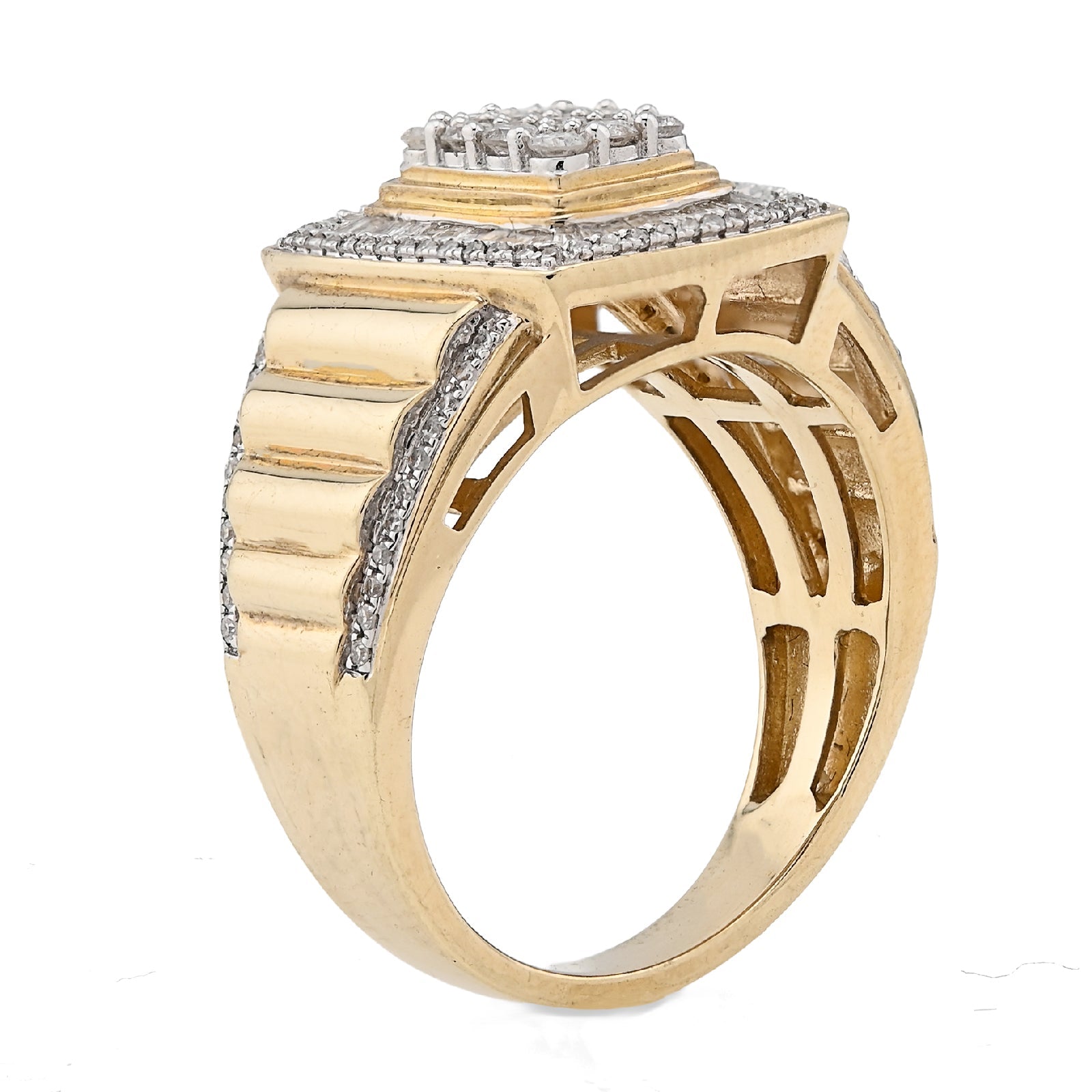 10K yellow Gold 2 Layer Rectangle Shape Round/Baguette 1.0CT Natural Diamond Men Pinky Ring - Elite Jewelers - Rings