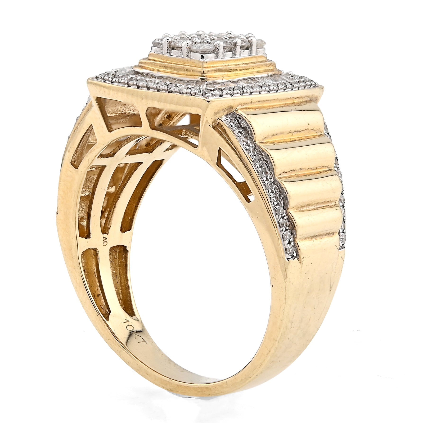 10K yellow Gold 2 Layer Rectangle Shape Round/Baguette 1.0CT Natural Diamond Men Pinky Ring - Elite Jewelers - Rings
