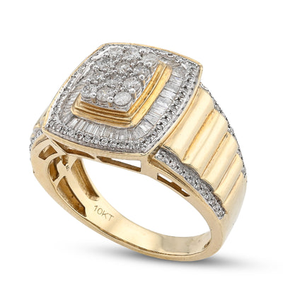 10K yellow Gold 2 Layer Rectangle Shape Round/Baguette 1.0CT Natural Diamond Men Pinky Ring - Elite Jewelers - Rings