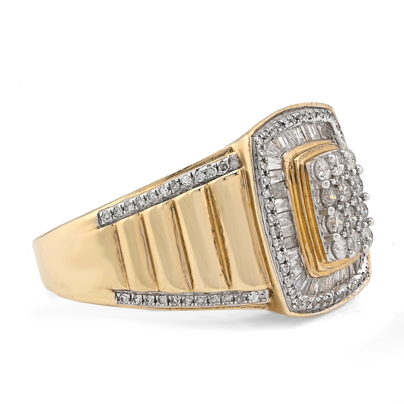 10K yellow Gold 2 Layer Rectangle Shape Round/Baguette 1.0CT Natural Diamond Men Pinky Ring - Elite Jewelers - Rings