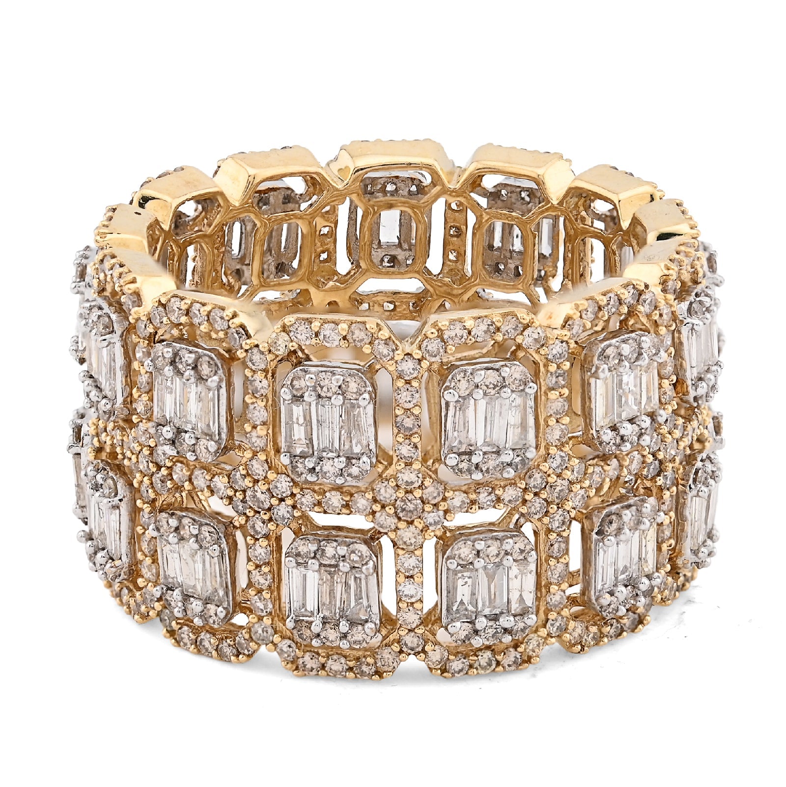 10K Yellow Gold 2 Row Round/Baguette 7CT Natural Diamond All Iced Men Ring - Elite Jewelers - Rings