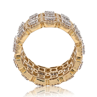 10K Yellow Gold 2 Row Round/Baguette 7CT Natural Diamond All Iced Men Ring - Elite Jewelers - Rings