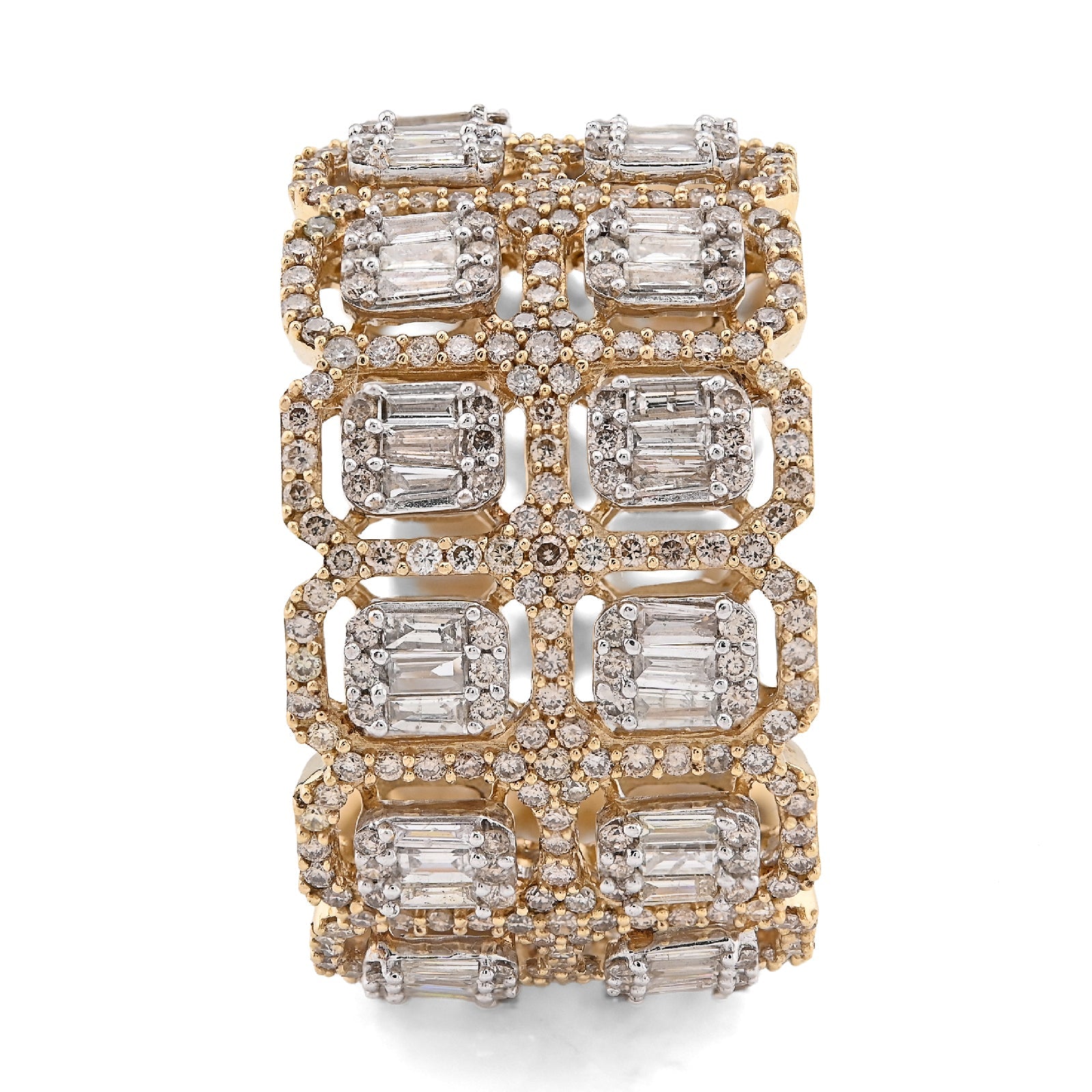 10K Yellow Gold 2 Row Round/Baguette 7CT Natural Diamond All Iced Men Ring - Elite Jewelers - Rings
