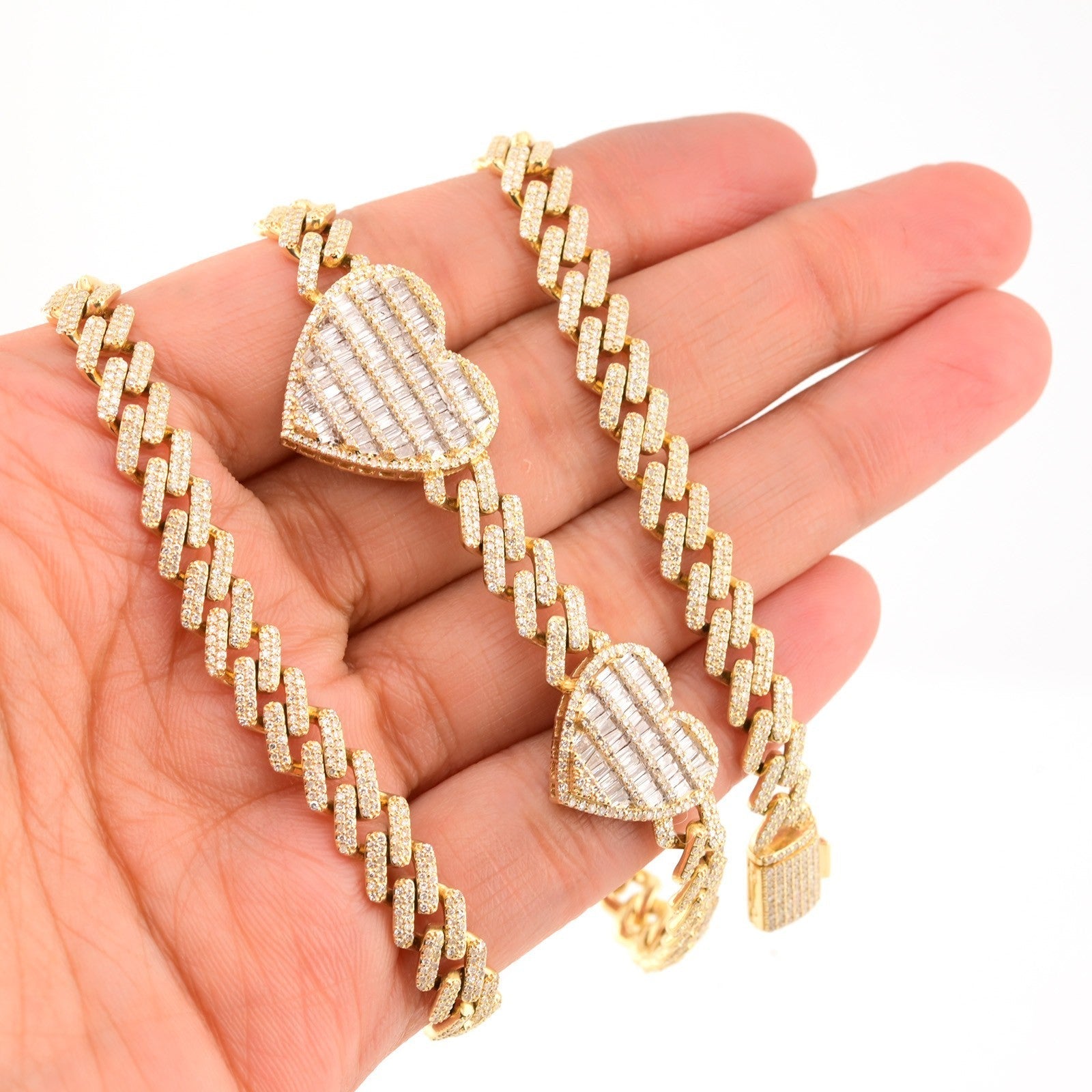 10k Yellow Gold 20 Inch 6.6CTW Baguette Diamond Heart Cuban Link Chain 42.6g - Elite Jewelers - Necklaces & Chains