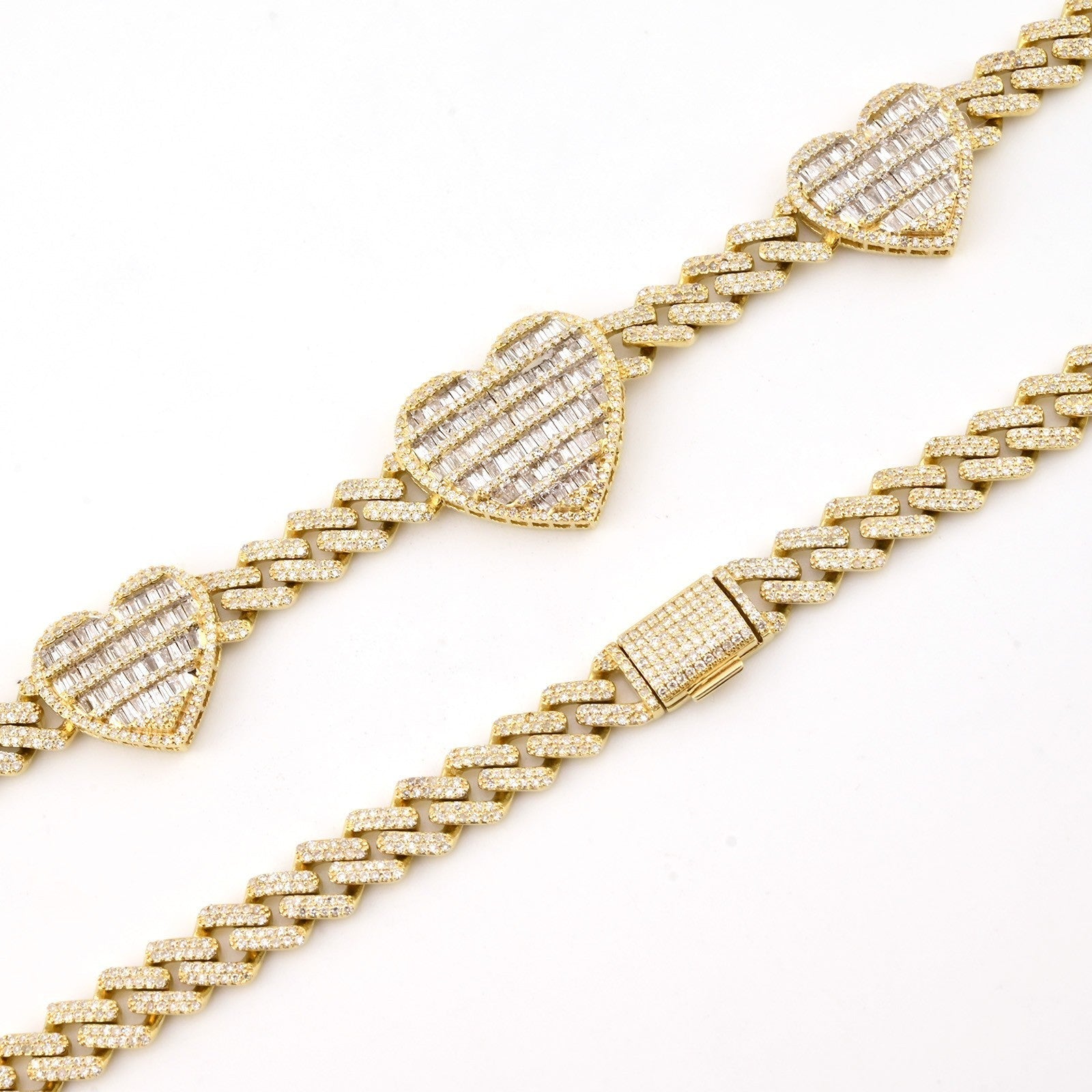 10k Yellow Gold 20 Inch 6.6CTW Baguette Diamond Heart Cuban Link Chain 42.6g - Elite Jewelers - Necklaces & Chains