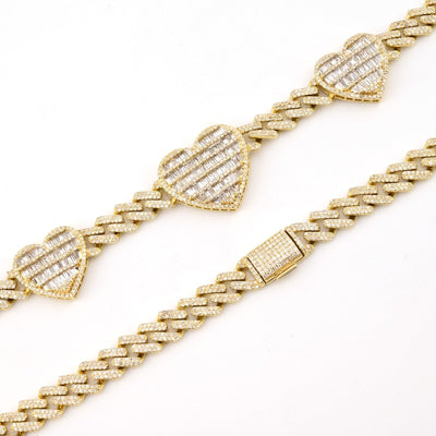 10k Yellow Gold 20 Inch 6.6CTW Baguette Diamond Heart Cuban Link Chain 42.6g - Elite Jewelers - Necklaces & Chains