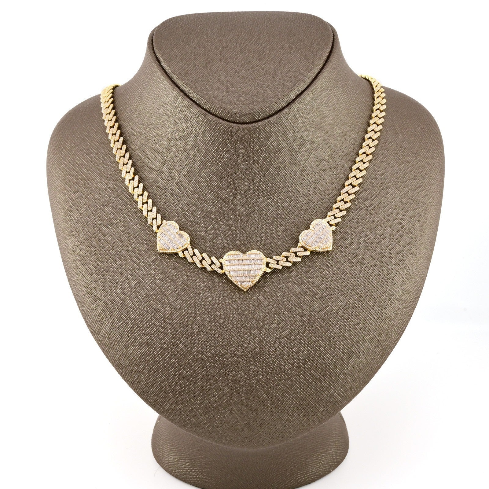 10k Yellow Gold 20 Inch 6.6CTW Baguette Diamond Heart Cuban Link Chain 42.6g - Elite Jewelers - Necklaces & Chains
