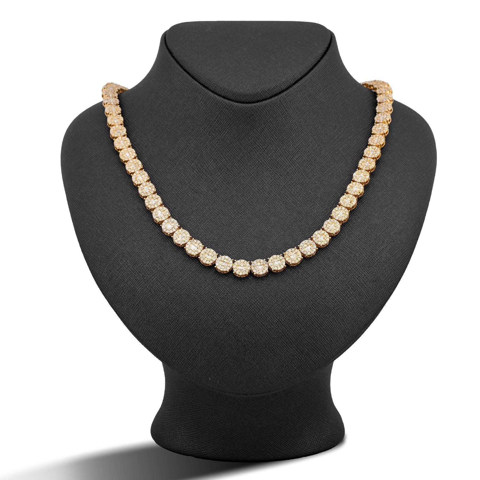 10K Yellow Gold 20CT Natural Round/Baguette Diamond 8MM Flower Cluster Tennis Chain - Elite Jewelers-Necklaces